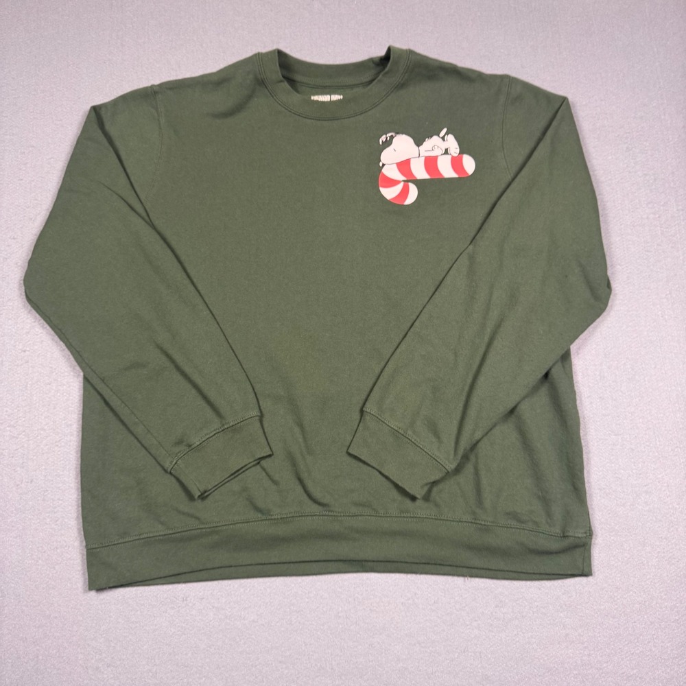 Peanuts Snoopy Candy Cane Christmas Sweatshirt Men XL Green Holiday Fleece Crew